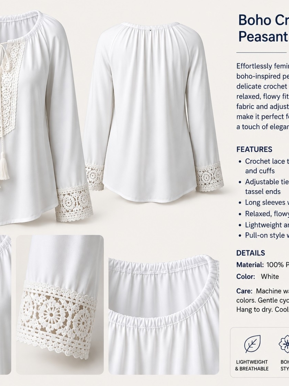 Boho Crochet Peasant Top - White